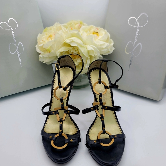 Jessica Simpson Y2K Leather Sexy Black and Gold Women's Sandals Heels Size 8.5 - Picture 6 of 7
